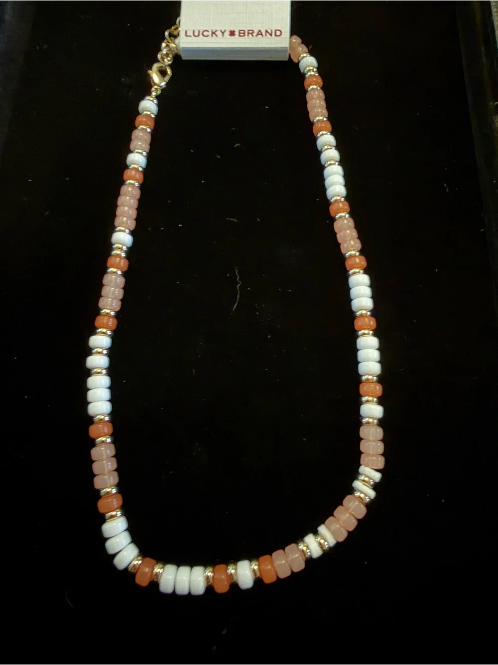 NWT Lucky Brand Pink Peach White Beaded Choker Necklace Gold Tone Coastal Boho